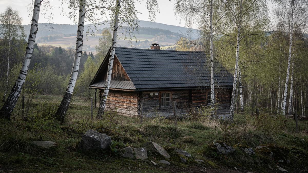 Timber cottage with a slate roof standing among birch trees in the Carpathians