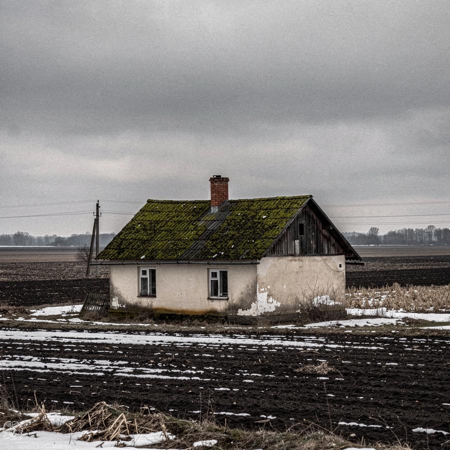 Desaturated winter view of a rural cottage roof above bare fields outside Kyiv