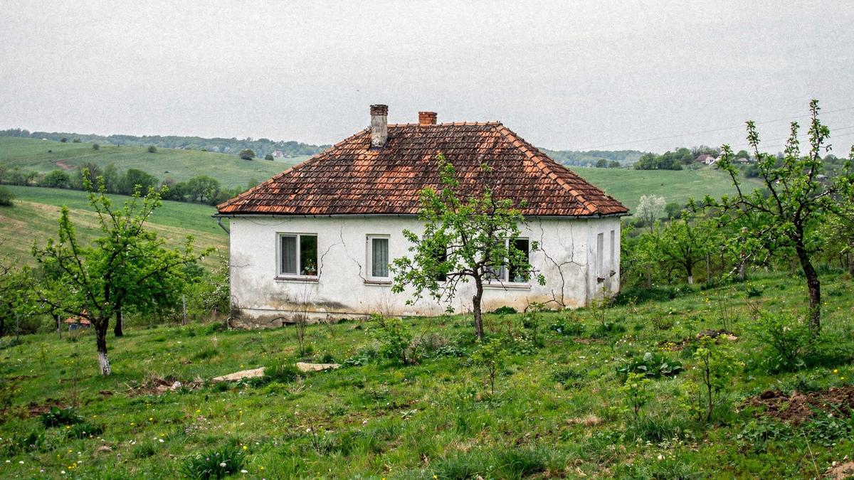 Country house with a tiled roof and a small orchard on a hillside in western Ukraine